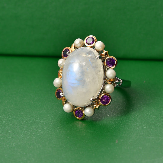 GP - Regenbogen Mondstein, Süßwasser Perle (3mm) Ring 925 Silber Rhodiniert und 750 Gelbgold Vermeil (Größe 20.00) ca 14.83 crt 14.82 ct