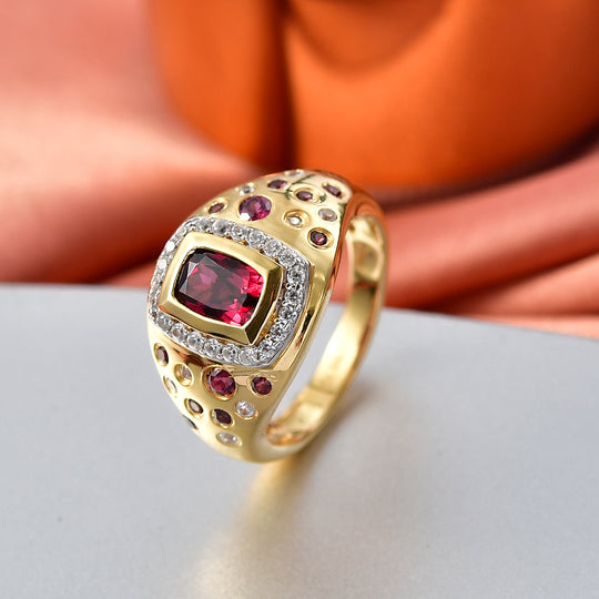 D'Joy - Krönender Glanz Design AA Natürlicher Rhodolith Granat Ring 925 Silber 750 Gelbgold Vermeil (Größe 20.00) ca. 2.16 ct