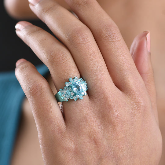 D'Joy AA Blauer Zirkon, Moissanit Ring 925 Silber Ion-Blau-Plattierung (Größe 18.00) ca. 3,12 ct