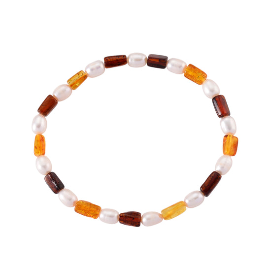 Natürlicher Baltischer Bernstein, Weiße Süßwasser Perle (6-8mm) Armband Flexibles (ca. 18-19 cm)
