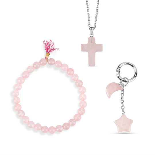 3er Set Rosenquarz Schmuckset mit Schlüsselanhänger, Armband und Halskette mehrfarbig