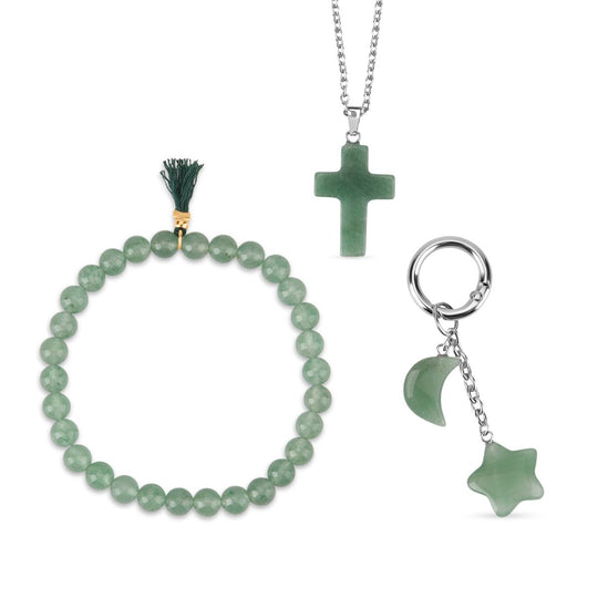 3er Set Rosenquarz Schmuckset mit Schlüsselanhänger, Armband und Halskette mehrfarbig