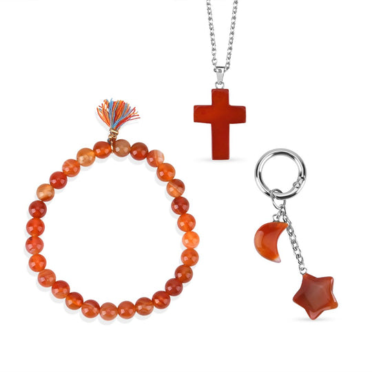3er Set Rosenquarz Schmuckset mit Schlüsselanhänger, Armband und Halskette mehrfarbig