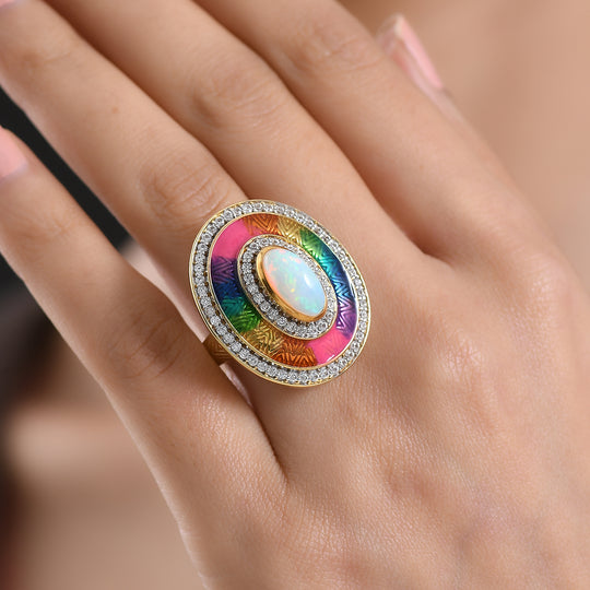 D'Joy AA Natürlicher, äthiopischer Welo Opal, Weißer Zirkon Ring 925 Silber 750 Gelbgold Vermeil (Größe 20.00) ca. 2.35 ct