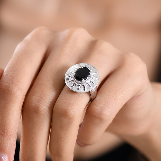 EVER TRUE AA Natürlich Schwarzer Obsidian, Weißer Zirkon Ring Nickelfreies Messing (Größe 21.00) ca. 2.39 ct