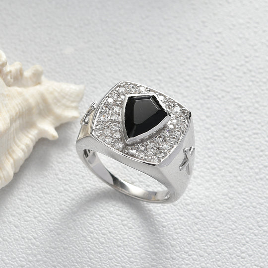 EVER TRUE AA Natürlicher Schwarzer Obsidian, Weißer Zirkonia Ring Nickelfreies Messing (Größe 20.00)