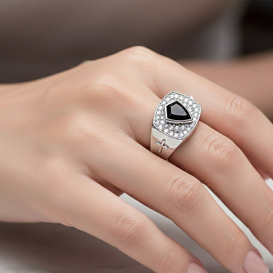 EVER TRUE AA Natürlicher Schwarzer Obsidian, Weißer Zirkonia Ring Nickelfreies Messing (Größe 20.00)