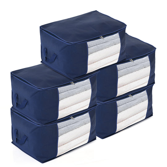 LIVMORE 5er-Set Aufbewahrungs-Organizer aus Vliesstoff mit Sichtfenster, je 84L gesamt 420L, 35x 60x40cm, Beige