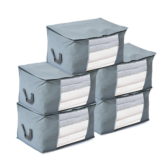 LIVMORE 5er-Set Aufbewahrungs-Organizer aus Vliesstoff mit Sichtfenster, je 84L gesamt 420L, 35x 60x40cm, Beige