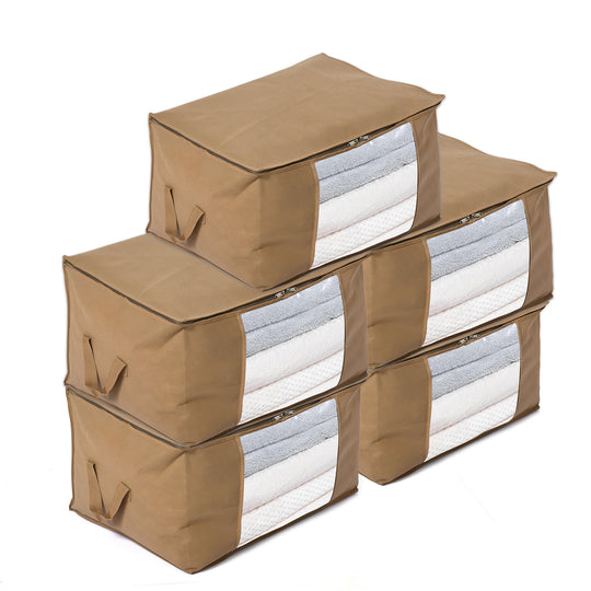 LIVMORE 5er-Set Aufbewahrungs-Organizer aus Vliesstoff mit Sichtfenster, je 84L gesamt 420L, 35x 60x40cm, Beige