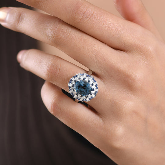 D'Joy London Blau Topas, Weißer Zirkon Ring 925 Silber rhodiniert (Größe 17.00) ca. 6,53 ct