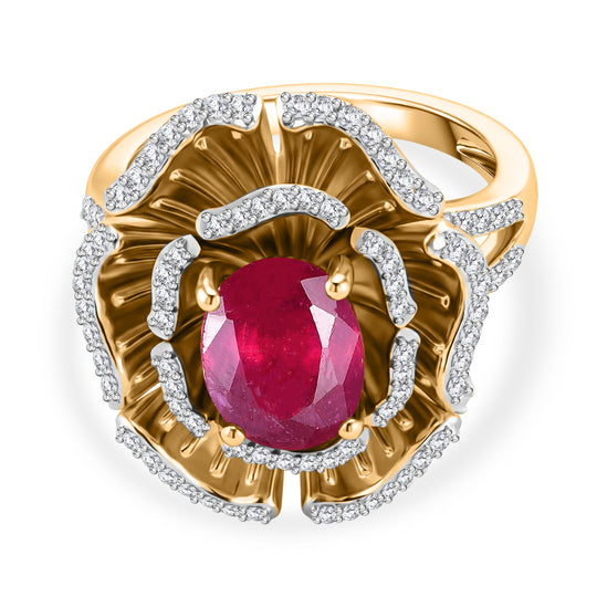 D'Joy - Liebe in Blüte Afrikanischer Rubin (Fissure gefüllt), Weißer Zirkon Ring 925 Silber 750 Gelbgold Vermeil (Größe 20.00) ca. 3.75 ct