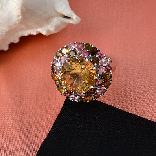 D'Joy AA Citrin, Mehrfarbiger-Turmalin Ring 925 Silber rhodiniert (Größe 19.00) ca. 10.59 ct