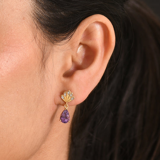 D'Joy AAA Rose De France Amethyst, Weißer Zirkon Ohrringe 925 Silber 750 Gelb Vergoldet ca. 2,45 ct.