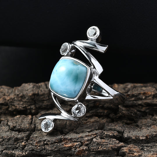 Sajen Silber - Larimar, Weißer Topas Ring 925 Silber rhodiniert (Größe 17.00) ca. 5.60 ct