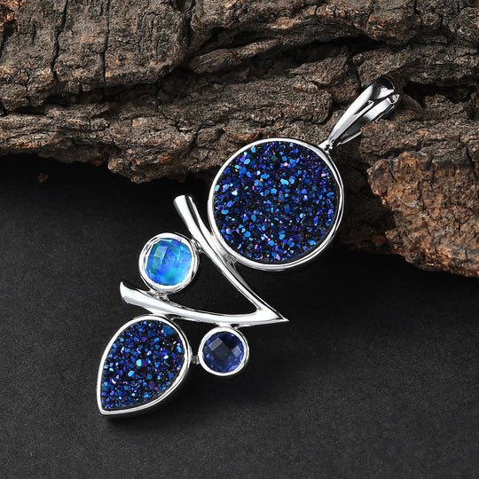 Sajen Silber - Drusy Achat Anhänger 925 Silber rhodiniert ca. 6.92 ct