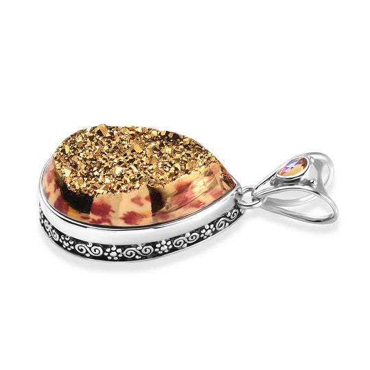 Sajen Silber-Fenster Drusy Astral Leopard Gold, Regenbogen Champagner mystischer Quartz Anhänger 925 Silber rhodiniert ca. 45.70 ct