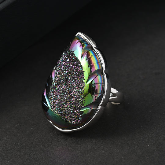 Sajen Silber-Fenster Drusy Wald Ring 925 Silber rhodiniert (Größe 17.00) ca. 44.00 ct