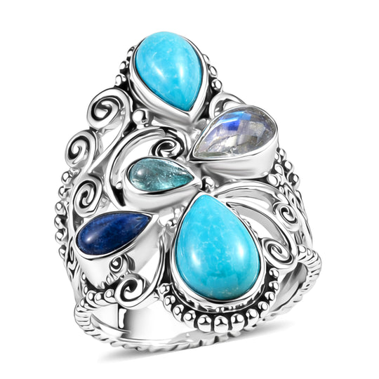 Sajen Silber-Türkis, Weißer Regenbogen Mondstein Ring 925 Silber rhodiniert (Größe 18.00) ca. 3.32 ct