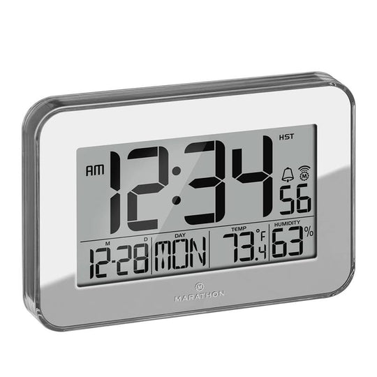 CLOSE OUT DEAL MARATHON Designer Atom-Wanduhr mit Temperatur, Luftfeuchtigkeitsanzeige, Kalender, Alarm und Schlummerfunktion, Schwarz