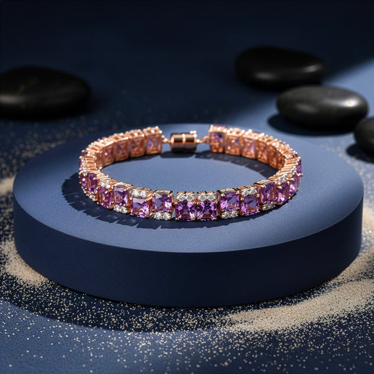 D'Joy AAA Rose De France Amethyst, Weißer Zirkon Armband ca. 19 cm 925 Silber 750 Roségold Vermeil ca. 38,92 ct.