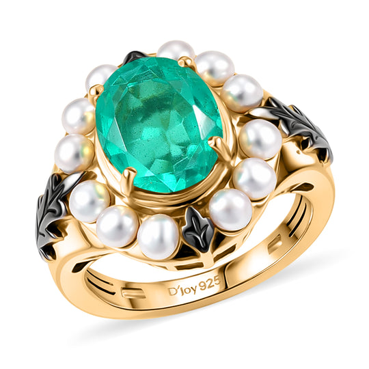 D'Joy - Perlenkrone Smaragd-Quarz Triplette, Süßwasser Perle (3mm) Ring 925 Silber 750 Gelbgold Vermeil (Größe 18.00)