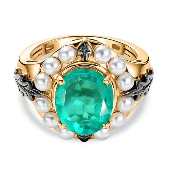 D'Joy - Perlenkrone Smaragd-Quarz Triplette, Süßwasser Perle (3mm) Ring 925 Silber 750 Gelbgold Vermeil (Größe 18.00)