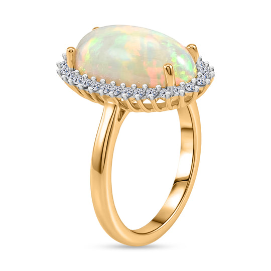 LUXURIANT - AAA Natürlicher, äthiopischer Welo Opal, Lab Grown Diamant Ring 925 Silber 750 Gelbgold Vermeil (Größe 20.00) ca. 3.77 ct