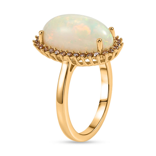 LUXURIANT - AAA Natürlicher, äthiopischer Welo Opal, Lab Grown Roter Diamant Ring 925 Silber 750 Gelbgold Vermeil (Größe 20.00) ca. 3.77 ct
