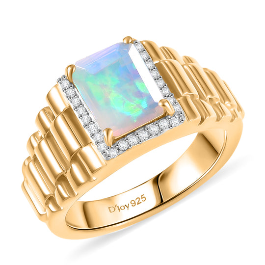 D'Joy Natürlicher, äthiopischer Welo Opal, Weißer Zirkon Ring 925 Silber 750 Gelbgold Vermeil (Größe 20.00) ca. 1,66 ct