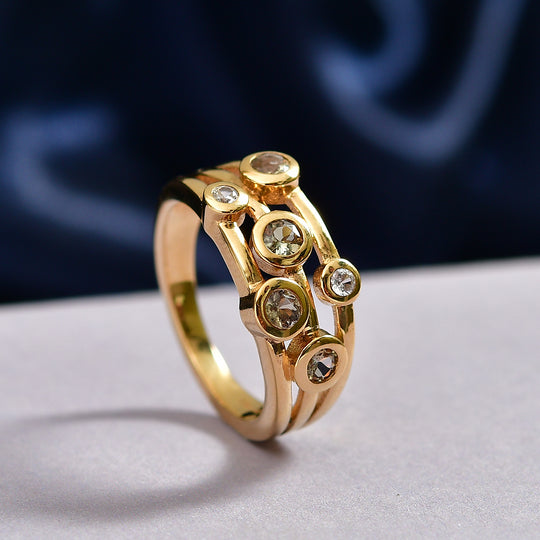 D'Joy AA Natürlicher goldener Tansanit, Weißer Zirkon Ring 925 Silber 750 Vergoldet (Größe 19.00) ca. 0.54 ct