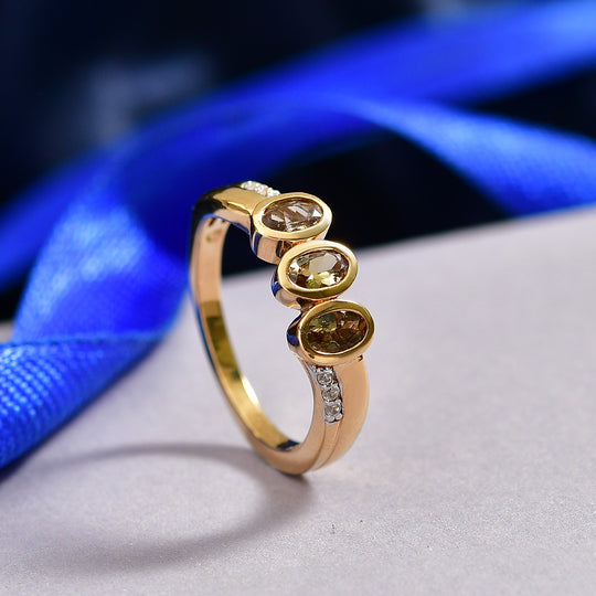 D'Joy AA Natürlicher goldener Tansanit, Weißer Zirkon Ring 925 Silber 750 Vergoldet (Größe 17.00) ca. 0.77 ct