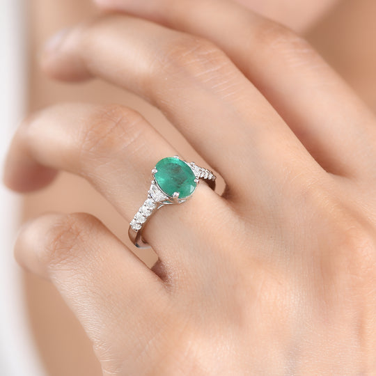 D'Joy AA Kagem Sambischer Smaragd, Moissanit Ring 925 Silber Rhodiniert (Größe 17.00) (10-16 Werktage Lieferzeit) ca. 2,35 ct