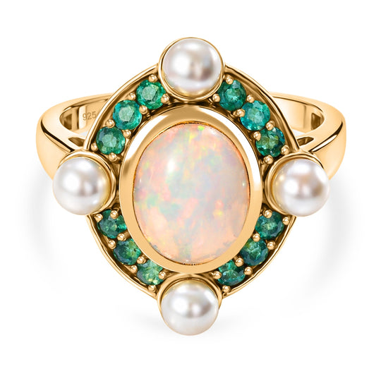 D'Joy Natürlicher, äthiopischer Welo Opal, Perle (4 mm) Ring 925 Silber 750 Gelbgold Vermeil (Größe 18.00)