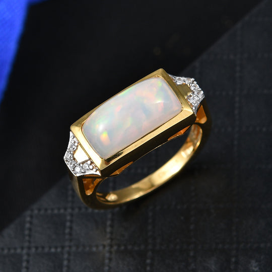 D'Joy Natürlicher, äthiopischer Welo Opal, Weißer Zirkon Ring 925 Silber 750 Gelbgold Vermeil (Größe 18.00) ca. 3,20 ct