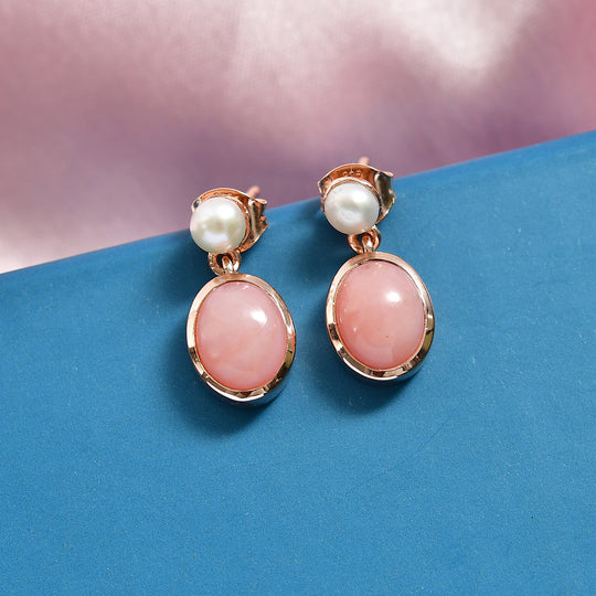 D'Joy AA Rosa Opal und 4mm Süßwasserperle Ohrringe, 925 Silber 750 rosévergoldet