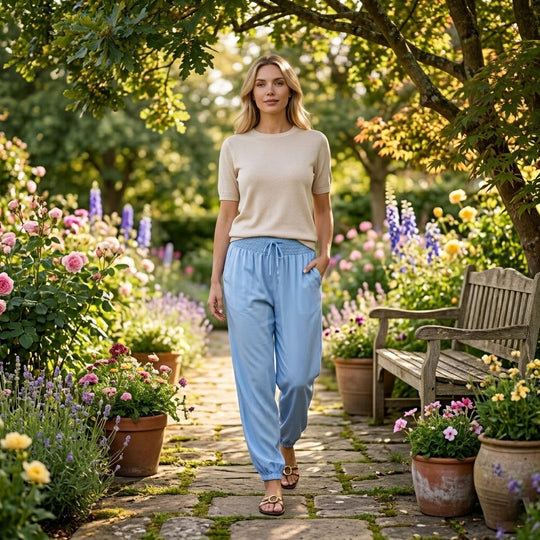 LA MAREY Jersey Komforthose mit Smokbund, Einheitsgröße, passend ca. für EU 34-40, Himmelblau