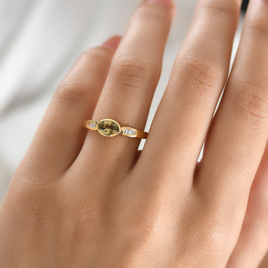 D'Joy AA Natürlicher goldener Tansanit, Weißer Diamant Ring 925 Silber 750 Gelbgold Vermeil (Größe 18.00) ca. 0,50 ct