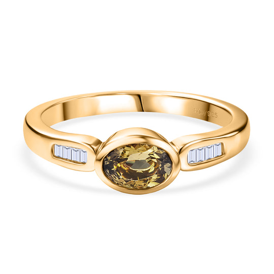 D'Joy AA Natürlicher goldener Tansanit, Weißer Diamant Ring 925 Silber 750 Gelbgold Vermeil (Größe 18.00) ca. 0,50 ct