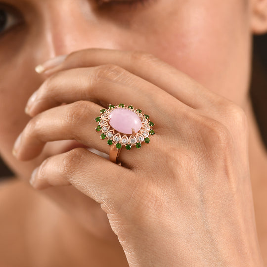 EVER TRUE Kunzit, Weißer Zirkon Ring Nickelfreies Messing Roségoldfarben (Größe 20.00) ca. 7.92 ct