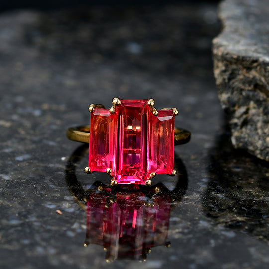 D'Joy Dreifacher Horizont Sunset Quarz Triplette Ring 925 Silber 750 Gelb Vergoldet (Größe 19.00) ca. 5.03 ct