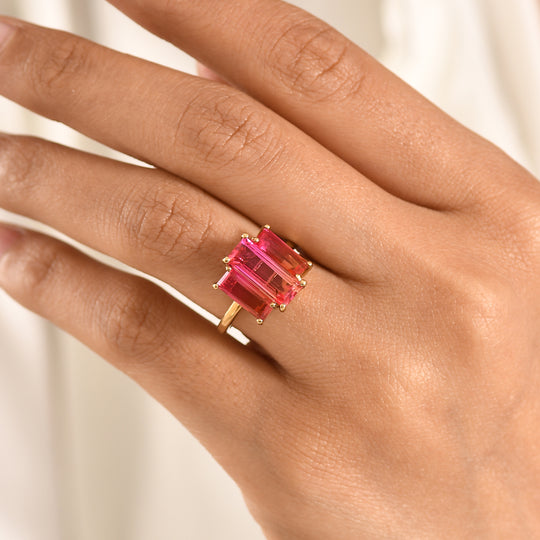 D'Joy Dreifacher Horizont Sunset Quarz Triplette Ring 925 Silber 750 Gelb Vergoldet (Größe 19.00) ca. 5.03 ct