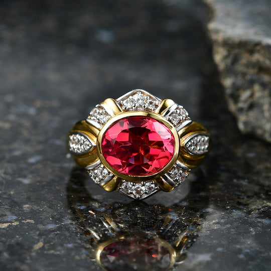 EVER TRUE Sonnenblüte Sunset Quarz Triplette, Weißer Zirkon Ring Nickelfreies Messing Bicolor (Größe 18.00) ca. 4.32 ct