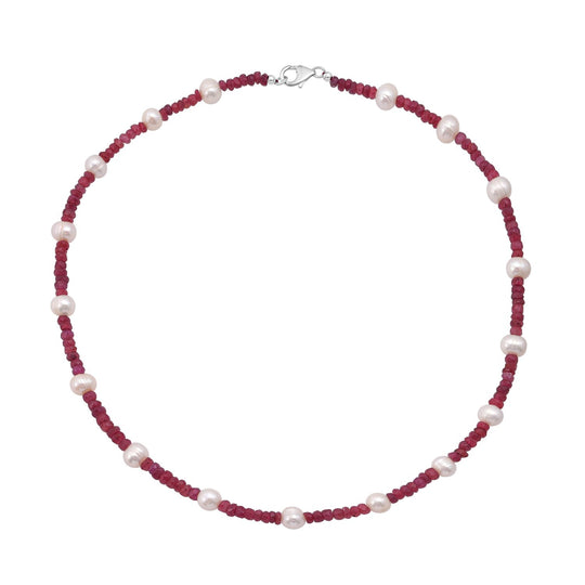 Afrikanischer Rubin (Fissure gefüllt), Süßwasser Perle (2-3 mm) Halskette ca. 45 cm 925 Silber rhodiniert