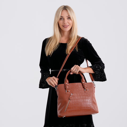 Leder-Handtasche mit Kroko-Prägung und Schulterriemen, 34 x 10 x 30 cm, Bordeauxrot