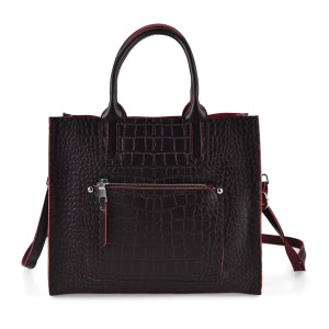 Henkeltasche aus Echtleder mit Krokoprägung, Schulterriemen und Reißverschlussfach, 33x12x28cm, Grau
