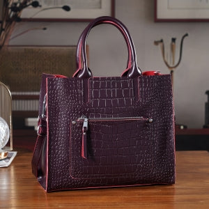 Henkeltasche aus Echtleder mit Krokoprägung, Schulterriemen und Reißverschlussfach, 33x12x28cm, Grau