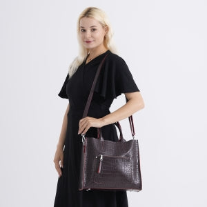 Henkeltasche aus Echtleder mit Krokoprägung, Schulterriemen und Reißverschlussfach, 33x12x28cm, Grau