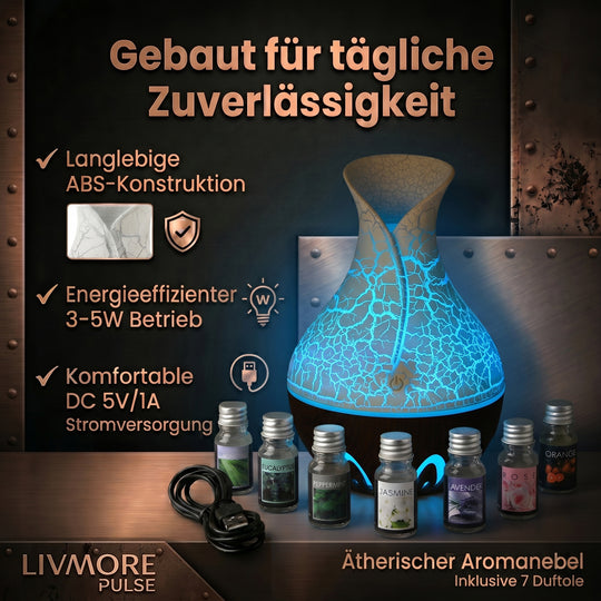 LIVMORE Luftbefeuchter und Aromadiffusor mit 7 ätherischen Ölen, LED Farbwechsel, 200 ml, Kaffee
