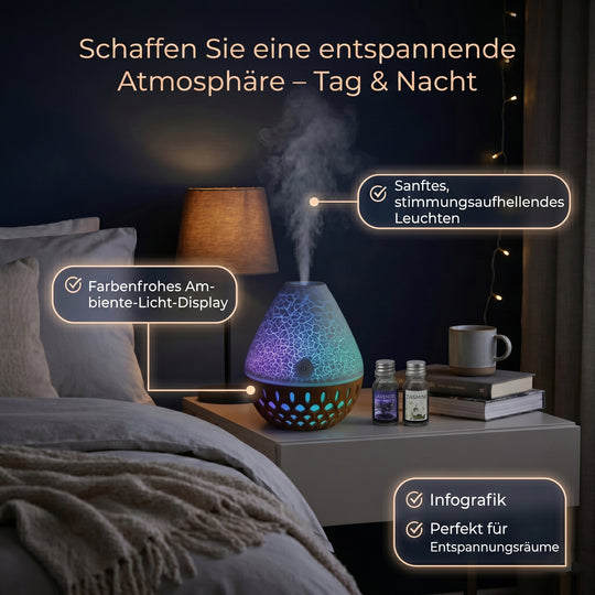 LIVMORE Vulcano Luftbefeuchter und Aromadiffusor mit 7 ätherischen Ölen, LED Farbwechsel, 200ml, Dunkelbraun